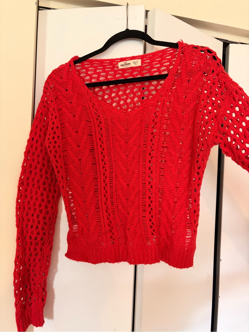 Hollister Open-Knit V-Neck Sweater in Red
